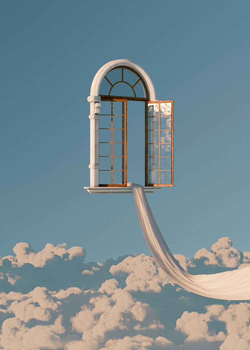 An open window suspended in a cloud-filled sky, fabric drifting out of it.
